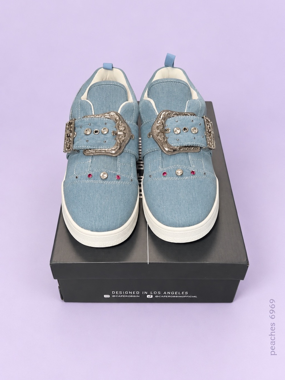 Gorgeous Light Blue Denim Slip-On Sneakers with sparkle & Decorative Buckle